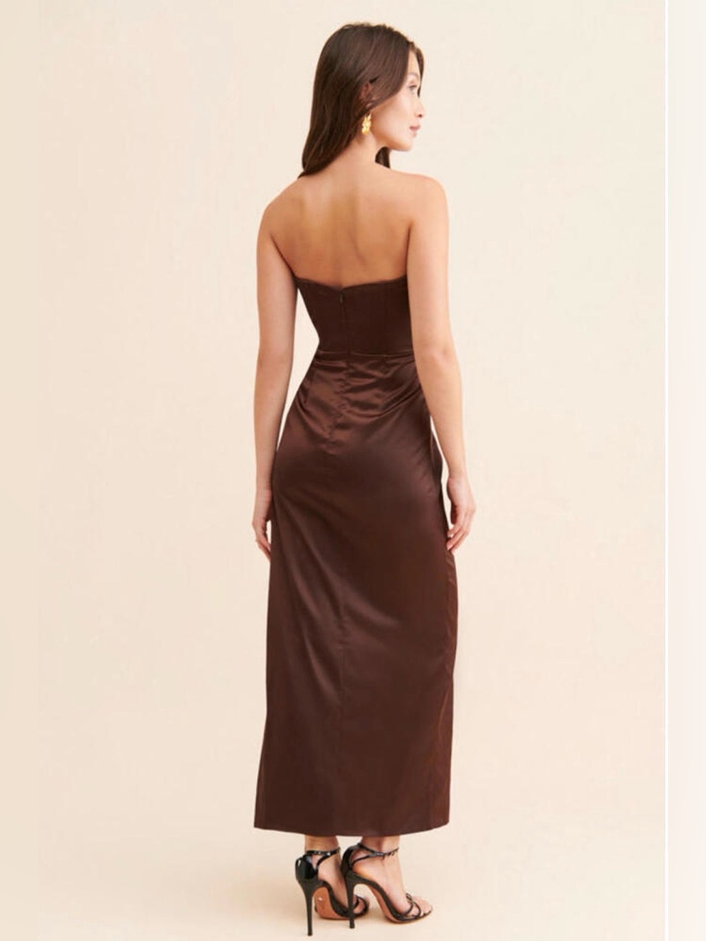 BARDOT Everlasting Strapless Brown Satin Evening Dress - Small/US 4 - Picture 3 of 11